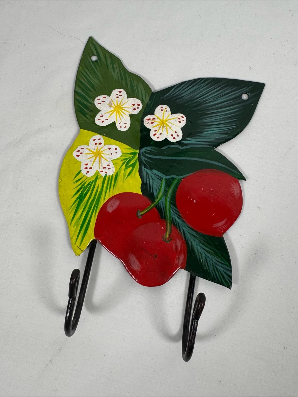 Vintage Cherry Wall Hook, Retro Fruit Kitchen Towel Holder, Hand Painted Metal
